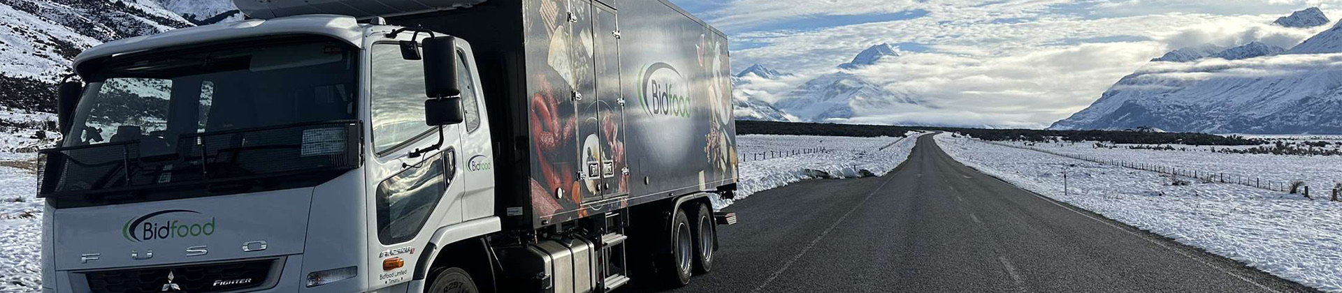 Bidfood New Zealand delivery truck on alpine winter road